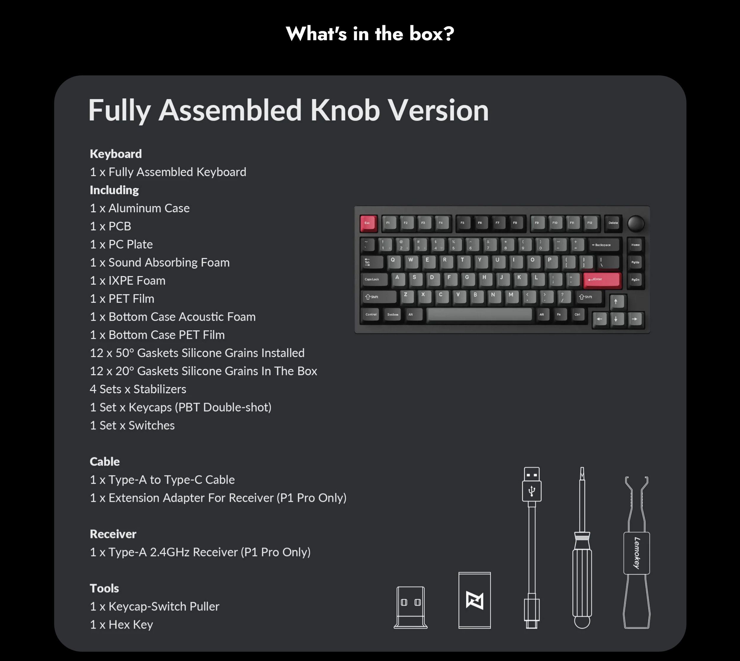 A large marketing image providing additional information about the product Keychron Lemokey P1 Pro - 75% QMK/VIA Wireless Custom Mechanical Keyboard - Black (Gateron Jupiter Banana Switch) - Additional alt info not provided